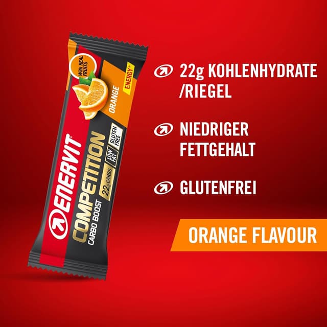 Detalle de Enervit Competition Bar Orange – Energieriegel mit Orangestückchen, 22 g Kohlenhydrate (vegan, glutenfrei), 12 Riegel à 30 g