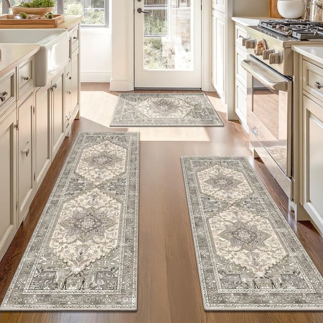 Detalle de Yamaziot Boho Washable Kitchen Rugs Set of 3 (Non-Slip, Rubber Backing, Waterproof & Stain Resistant)