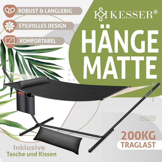 Detalle de KESSER® Hängematte Hill mit Gestell, Kissen & Doppel-Hängesessel für 2 Personen (bis 200 kg), Anthrazit