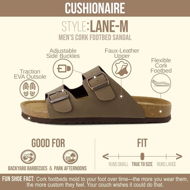 Detalle de CUSHIONAIRE Lane Cork Footbed Men’s Sandals with Adjustable Buckle Comfort Slides