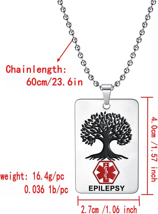 Detalle de AITENME Medizinische Alarm-Halskette mit Quadratkarte und Baum des Lebens aus Edelstahl (60 cm)