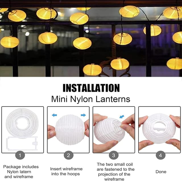 Detalle de Bowfar Solar-Lichterkette „Lampions“ für außen, 6 m, 30 LED, warmweiß (IP65, 8 Modi)