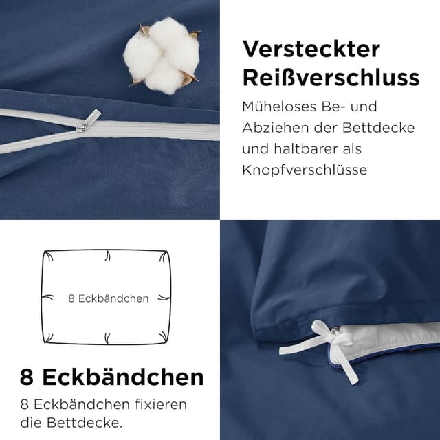 Detalle de Bedsure Bettwäsche 135x200 aus Baumwolle, 4-teilig (Bettbezug + 2 Kissenbezüge 80x80), blau, mit Reißverschluss