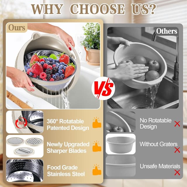 Detalle de 4-1 Colander with Bowl Set (Rotatable) — Stainless Steel + Grater Attachments for Kitchen Prep