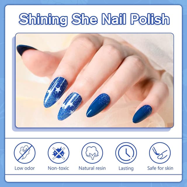 Detalle de Shining She UV Gel-Nagellack Blau Set (6 Farben) – Glitzer & Marineblau, Soak-Off für DIY & Salon