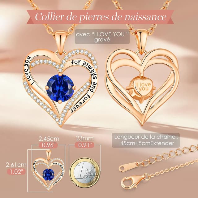 Detalle de Collier cœur en pierre de naissance CDE : pendentif double cœur en dorure rose cuivrée