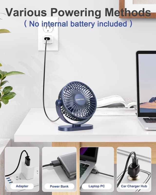 Detalle de SWEETFULL USB Desk Fan (Pure Blue) – 3-speed silent mini fan with 360° adjustment