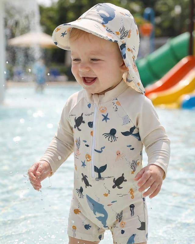 Detalle de WYTbaby Baby-Badeanzug Einteiler mit UV-Schutz (Langarm) inkl. Sonnenhut