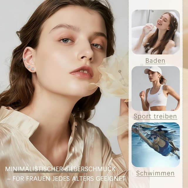Detalle de Bewenda Ohrringe Silber 925 Stecker mit Zirkonia (4/5/6 mm) – Hypoallergen, Schlafen-geeignet in Geschenkbox