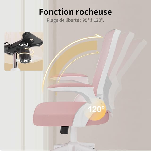 Detalle de naspaluro Chaise de bureau ergonomique avec accoudoirs rabattables, dossier avec rangement et pivot 360° (rose)