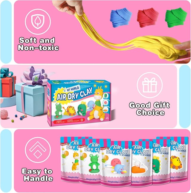 Detalle de iFergoo Air Dry Clay (Pets Theme) – 6 animal designs DIY modelling clay set for ages 3–12