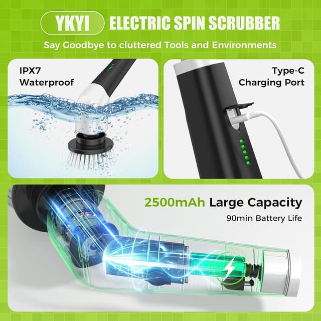 Thumbnail 6 de YKYI Cordless Electric Spin Scrubber with Adjustable Handle, 2 Speeds & 8 Brush Heads (IPX7)