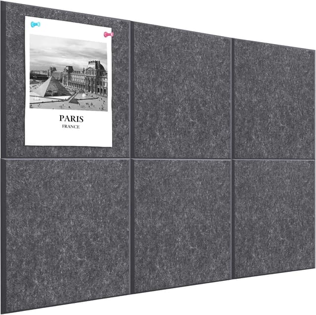 Detalle de Cork Board Alternative felt wall pin board tiles, 90 x 60 cm (6 pack) – dark gray, with 20 pushpins
