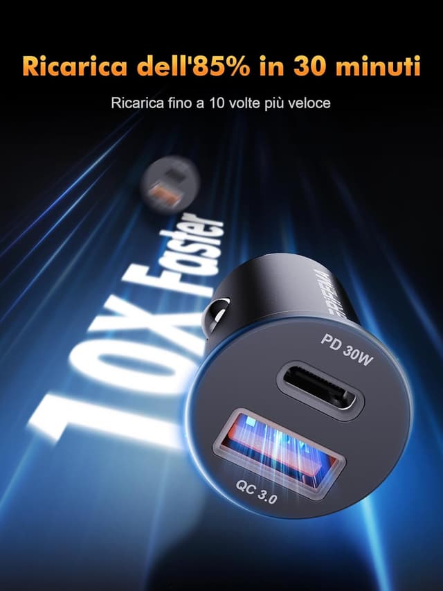 Detalle 2 de GRIFEMA Caricatore auto USB-C 30W con doppia porta PD 30W + QC 3.0 18W (alluminio)