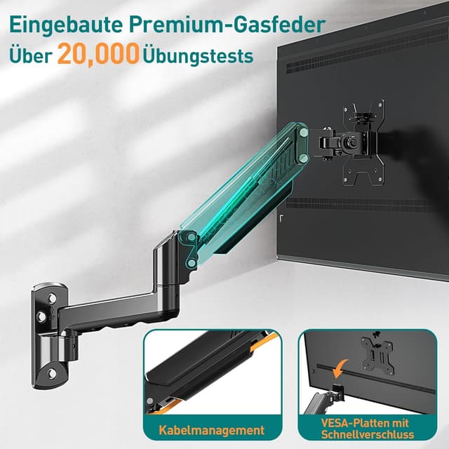 Detalle de ELIVED EV023-DE : bras à ressort à gaz mural pour écran PC 13 à 32" (VESA 75x75 / 100x100, jusqu’à 8 kg)