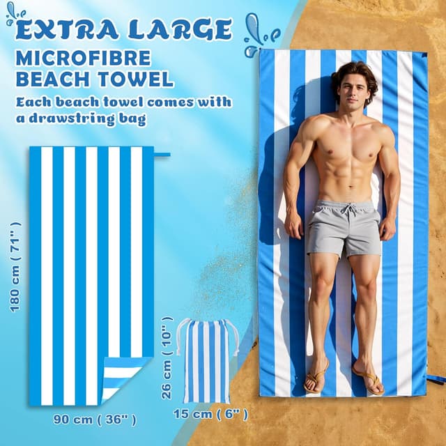 Detalle de Anavasi Microfibre Beach Towels for Adults (2 Pack) 180 x 90 cm with Drawstring Bag – Quick Dry, Sand Free