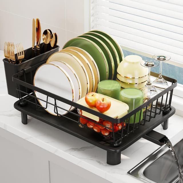 Detalle de GHERISN Dish Drainer Rack with Drip Tray – Stainless Steel sink dish drying rack (black)