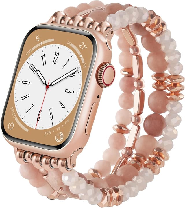 Detalle de V.R.HOPE Perlen Boho Armband für Apple Watch (40/41/42/38 mm) – elastisch mit Kristallbeads, Rosa Zebra
