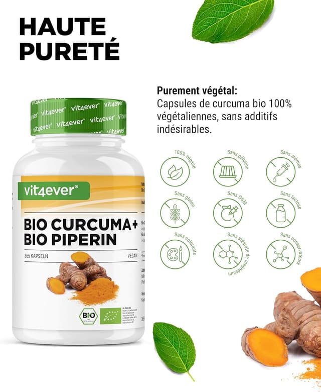 Detalle de vit4ever Curcuma Bio au Poivre Noir – 365 capsules véganes, curcumine & pipérine