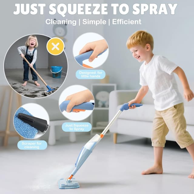 Detalle 2 de Dreamon Kids Spray Mop Toddler Cleaning Set (Real Spray Function) with Water Sprayer, 3 Washable Pads & Scraper