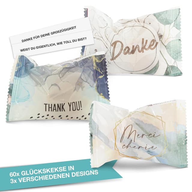 Detalle 2 de FOOD crew 60 Glückskekse „Danke“ – vegane Glückskekse in Geschenkbox, einzeln verpackt