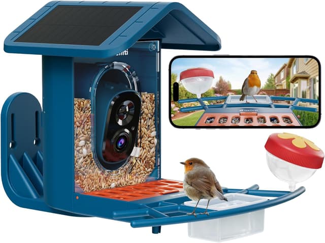 Detalle de Mangeoire intelligente pour oiseaux avec caméra 2K et IA, 2,4 GHz/5 GHz, énergie solaire, anti-écureuils