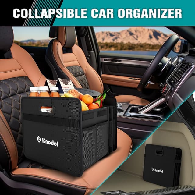 Detalle de K KNODEL Car Trunk Organizer (Foldable) with 3 Compartments, Reinforced Handles, Large Black