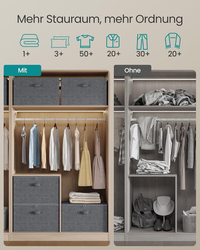 Detalle de SONGMICS Aufbewahrungsbox mit Deckel (faltbare Stoffbox) – 3er Set, schiefergrau, 50 x 30 x 30 cm