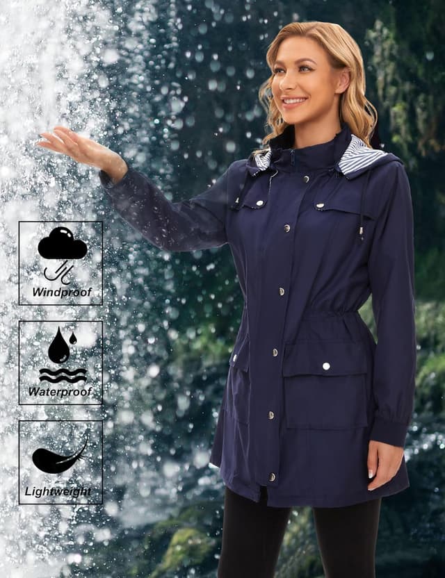Detalle de Bloggerlove Women’s Lightweight Rain Jacket (Waterproof Windbreaker, Hooded, Striped Lining) – S–XXL