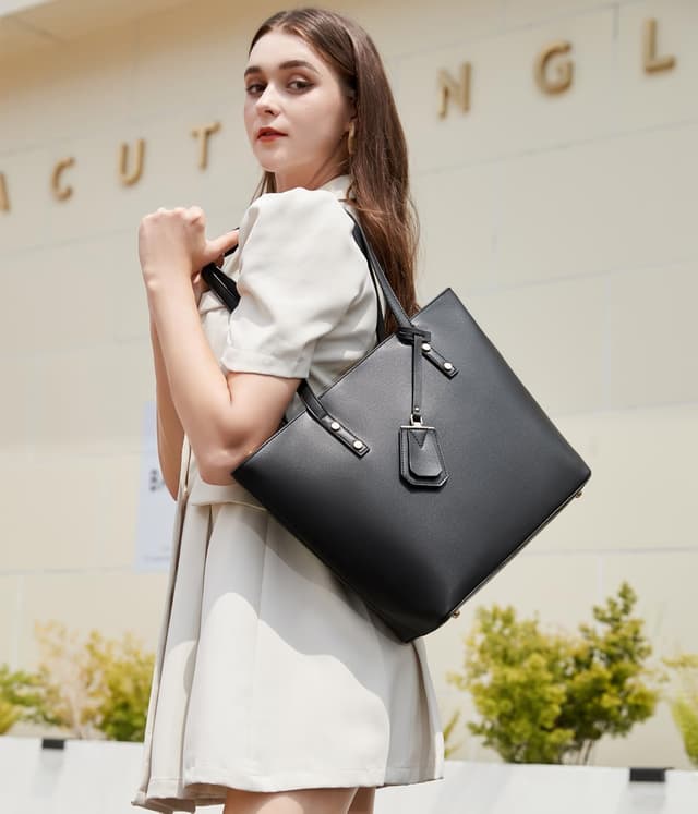 Detalle de MORGLOVE women’s soft faux leather large tote bag with zip (A4-capable) – black