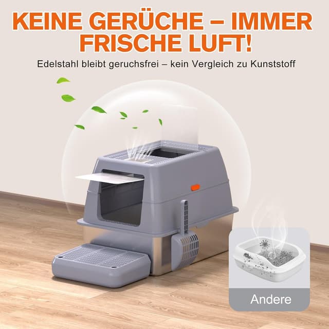 Detalle 2 de XXXL Katzenklo aus Edelstahl mit Deckel (70 x 50 x 45 cm) – 2-in-1 geschlossen oder offen, auslaufsicher