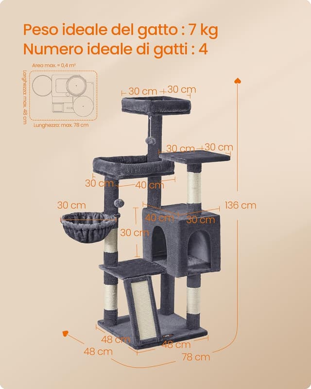 Detalle de Feandrea Albero Tiragraffi PCT012GS01 in grigio scuro: torre con 3 piattaforme e cuccia