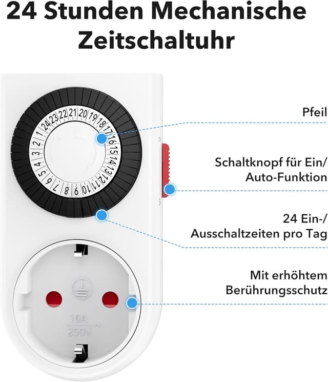 Detalle 2 de HBN Mechanische Zeitschaltuhr Steckdose 3680 W Timer