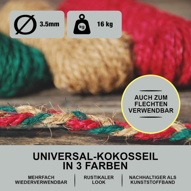 Detalle de deli4you Kokosseil bunt (Dekoband/Dekoschnur) – 3 x 15 m in Rot, Grün und Braun