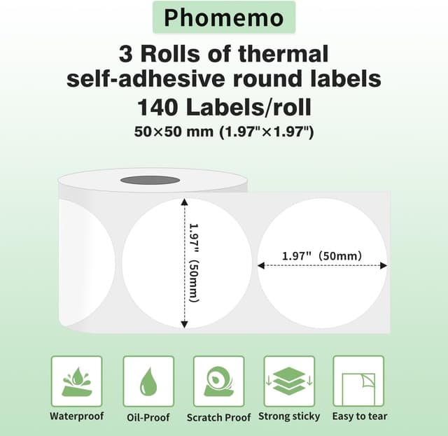 Detalle de Phomemo M110: 3 rotoli di etichette termiche rotonde 50×50 mm (compatibili con M110/M120/M220/M221 e altri)