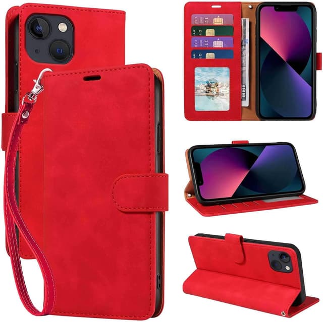 Detalle de GOTOURED Handyhülle für iPhone 13 mit Klappverschluss, RFID-Blockierung, Kartenfächern, Handgelenksgurt und Ständer (Rot)