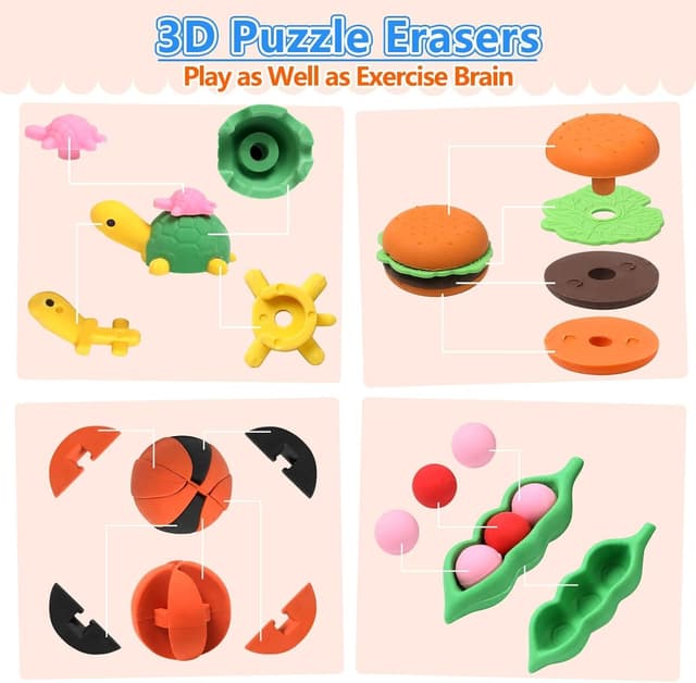 Detalle 1 de HINZER 100 Pack Animal Erasers for Kids (3D Puzzle Erasers) for Classroom Rewards & Prizes