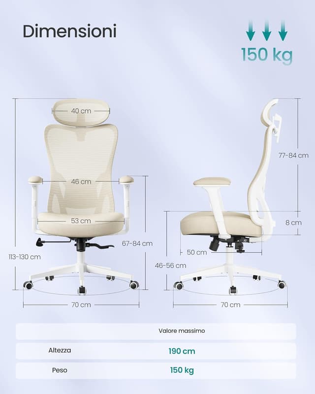 Detalle 2 de SONGMICS OBN066LF01 sedia da ufficio ergonomica con poggiatesta e supporto lombare regolabili