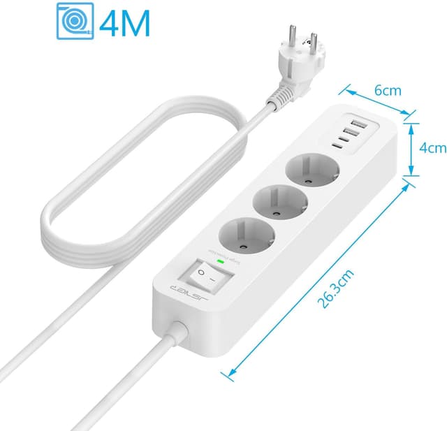 Detalle 2 de JSVER Multiprise USB C 7 en 1 avec parafoudre et surtension, rallonge 4 m et 4 ports USB