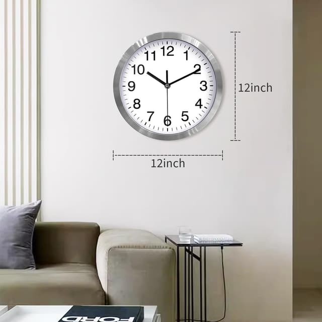 Detalle de 12 Inch Metal Frame Glass Cover Non-ticking Quartz Wall Clock (Silver) for quiet indoor timekeeping