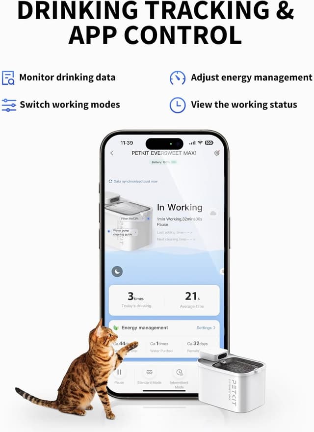 Detalle de PETKIT EVERSWEET MAX 3L Wireless Cat Water Fountain with 5000mAh Battery, App Control & Ultra-Quiet Pump