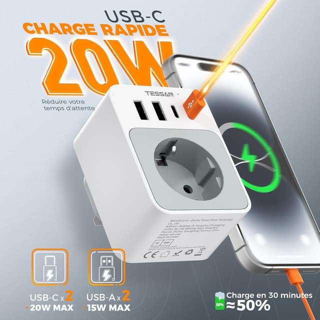 Detalle de TESSAN Adaptateur prise anglaise 5 en 1 type G avec 2 USB-C et 2 USB-A (3250W) pour Royaume-Uni, Irlande, Dubaï