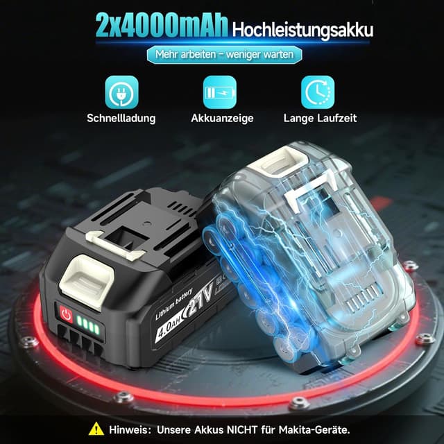 Detalle 2 de Yofuly 1100 Nm Akku-Schlagschrauber 1/2" bürstenlos – mit 2×4000 mAh Akku, 5 Stecknüssen, Verlängerung & Koffer