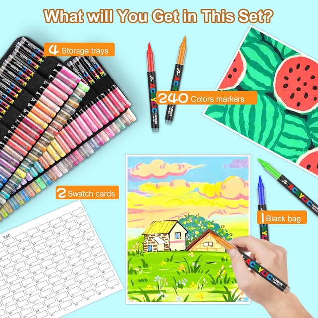 Detalle de Efimeso 240 Couleurs – feutres acryliques à pointe nylon (avec sac de rangement) pour peindre sur roche, toile, bois et plus