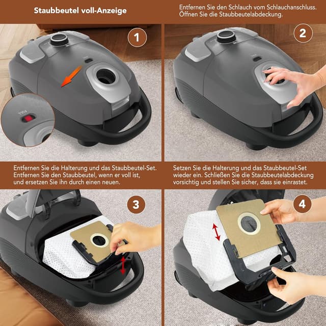 Detalle de Akitas C11 900-W Staubsauger mit Beutel – verstellbare Saugkraft, 10-m Arbeitsradius, 70 dB, HEPA H13