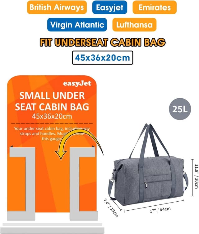 Detalle de Narwey Easyjet cabin underseat bag 45x36x20 underseat holdall (25L) – foldable grey