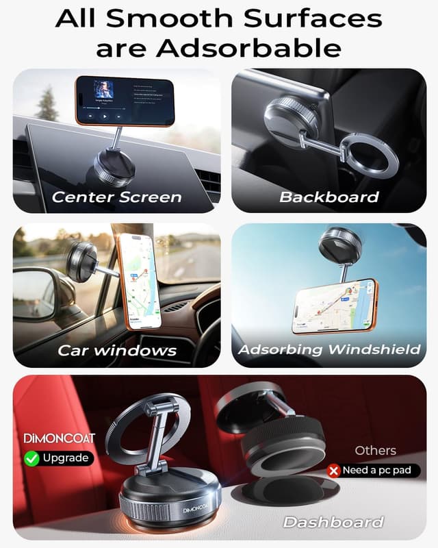 Detalle de DIMONCOAT MagSafe Handyhalterung fürs Auto mit Saugnapf & Klemme – 360° verstellbar, kein Metallring nötig