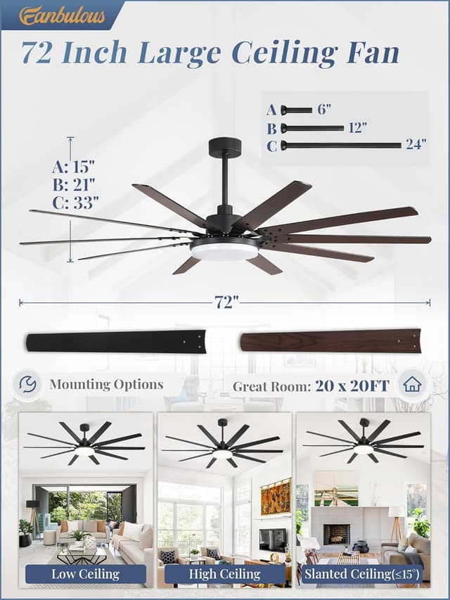 Detalle de Fanbulous 72-inch Outdoor Ceiling Fan with Lights and Remote (32W LED, 3 CCT, Reversible DC Motor)