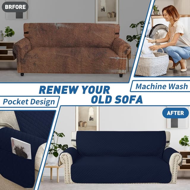 Detalle 2 de YSTELLAA Housse imperméable pour canapé 3 places bleu foncé, avec accoudoirs