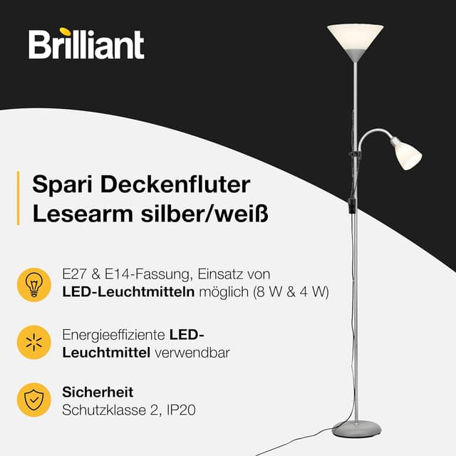 Detalle de Brilliant Lampe Spari Deckenfluter Lesearm silber/weiß – 1x E27, mit Schnurzwischenschalter, höhenverstellbar